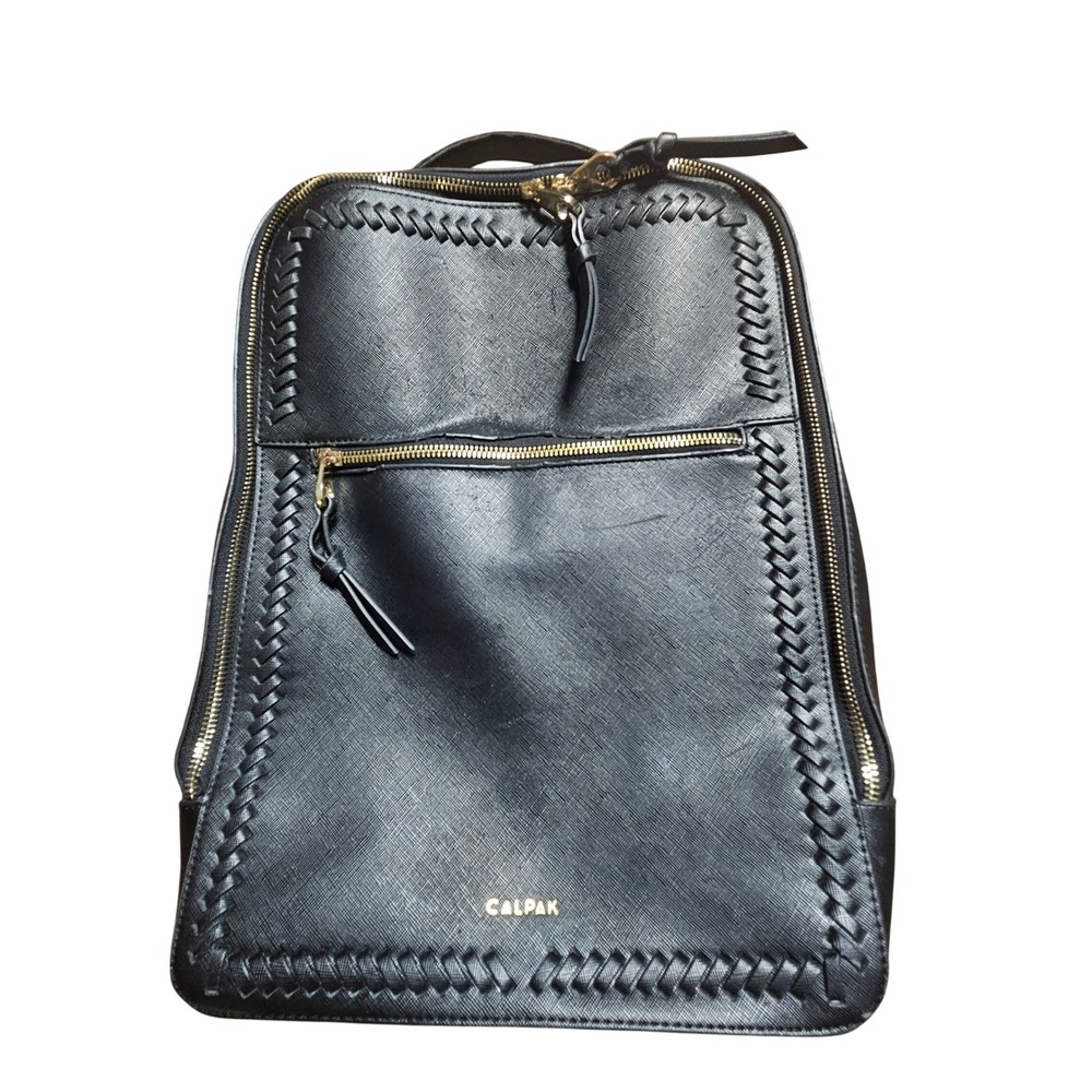 Calpak Kaya 15" Laptop Backpack Faux Leather Braided‎ Trim Saffiano Sleek Travel